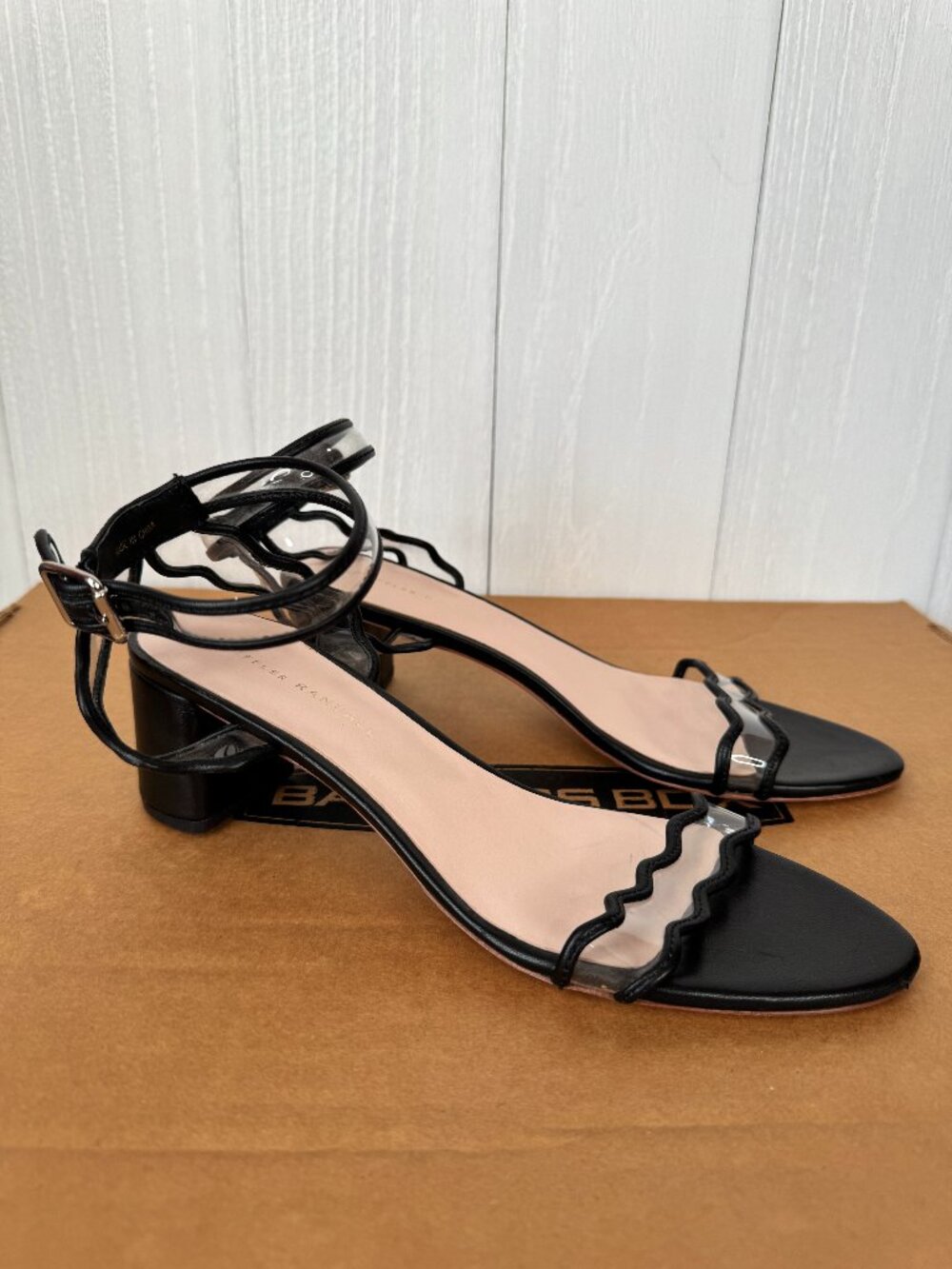 Loeffler Randall Black Clear PVC Wavy Strap Ankle Strap Block Heel Sandals 8.5